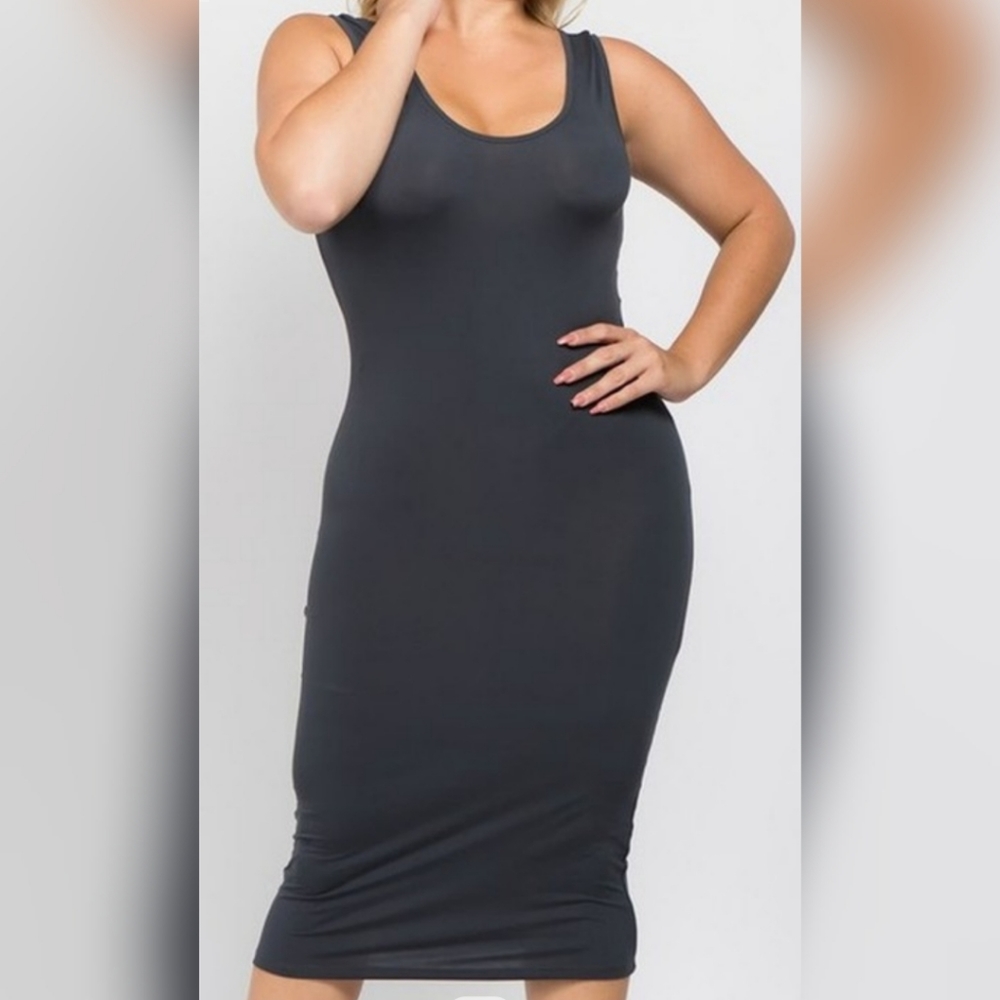 Charcoal Solid Round Neckline Dress Plus
